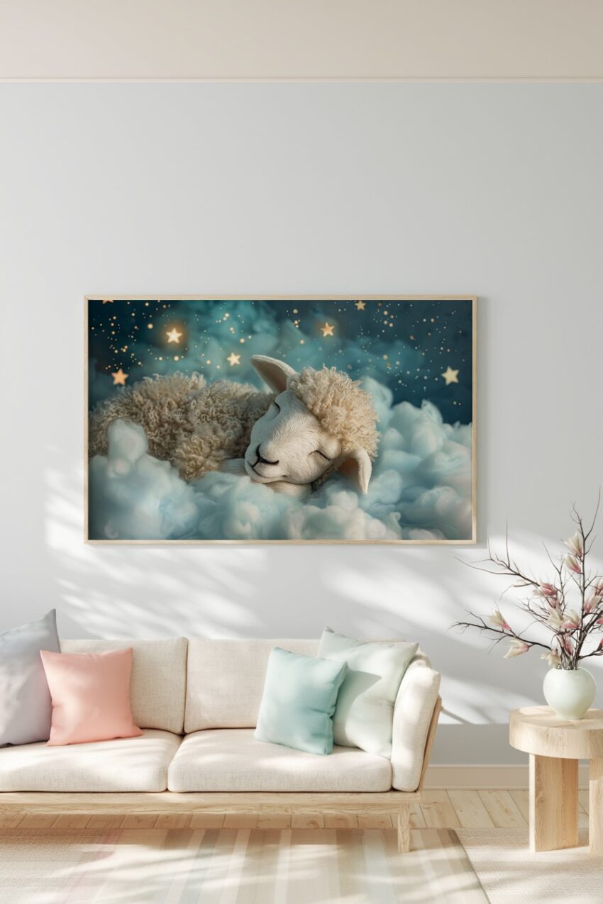 Digitale Kunst Poster Schaf schlafend Sterne blau