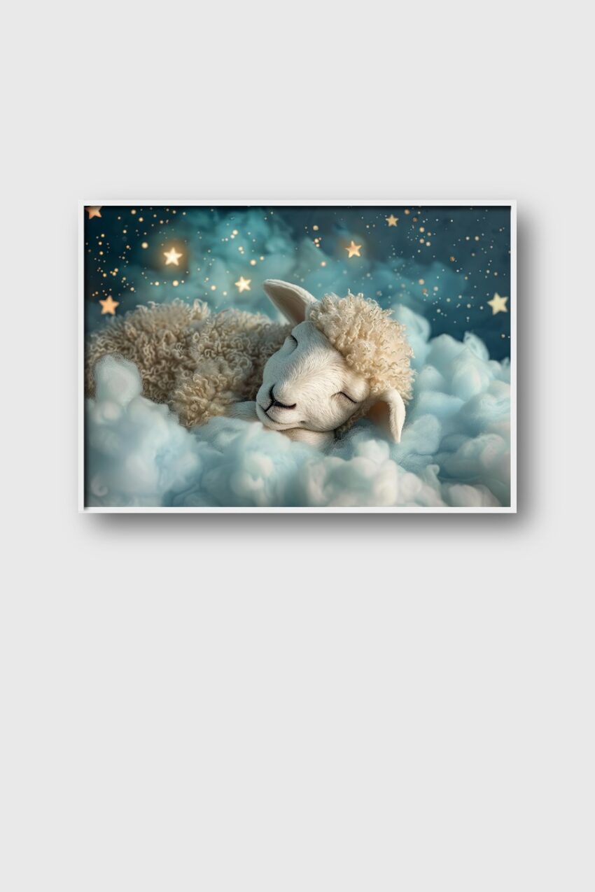 Digitale Kunst Poster Schaf schlafend Sterne blau