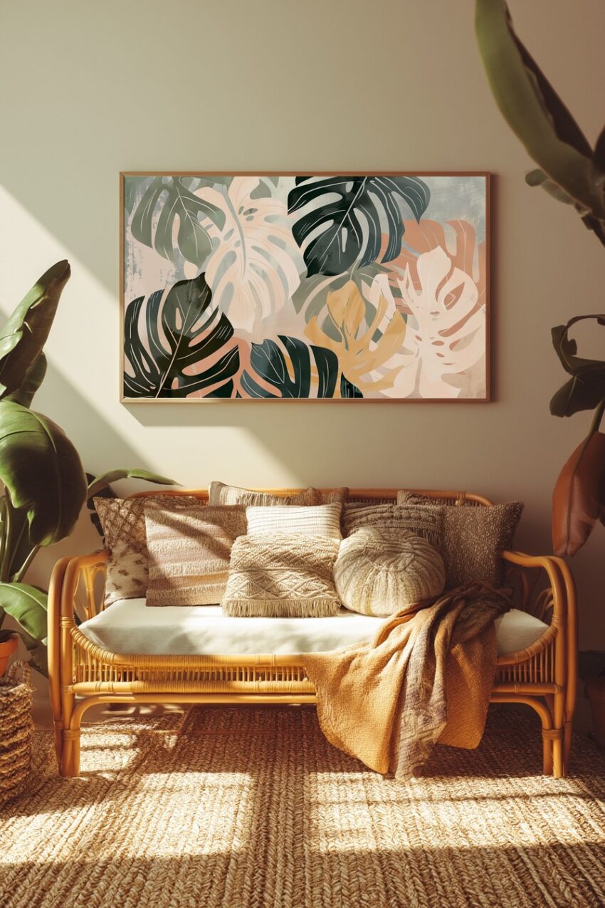 Illustration Poster Monstera Blätter gedeckt mehrfarbig