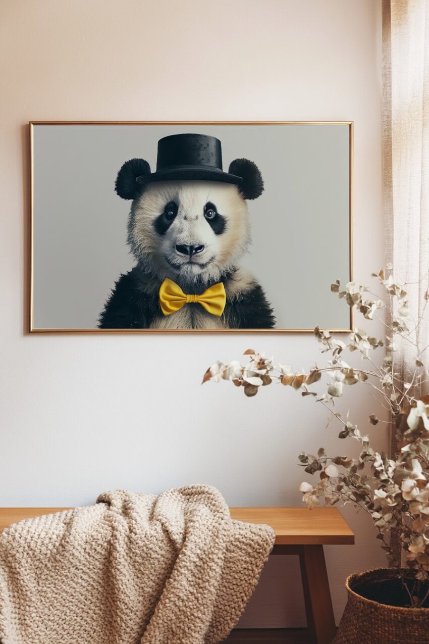 Fotografie Poster Panda Fliege Zylinder gelb schwarz-weiß