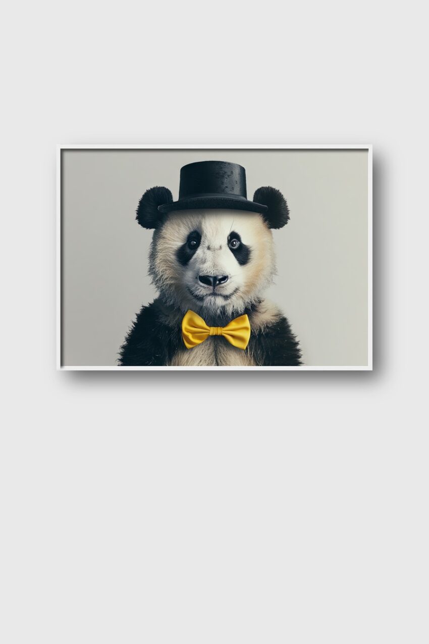 Fotografie Poster Panda Fliege Zylinder gelb schwarz-weiß