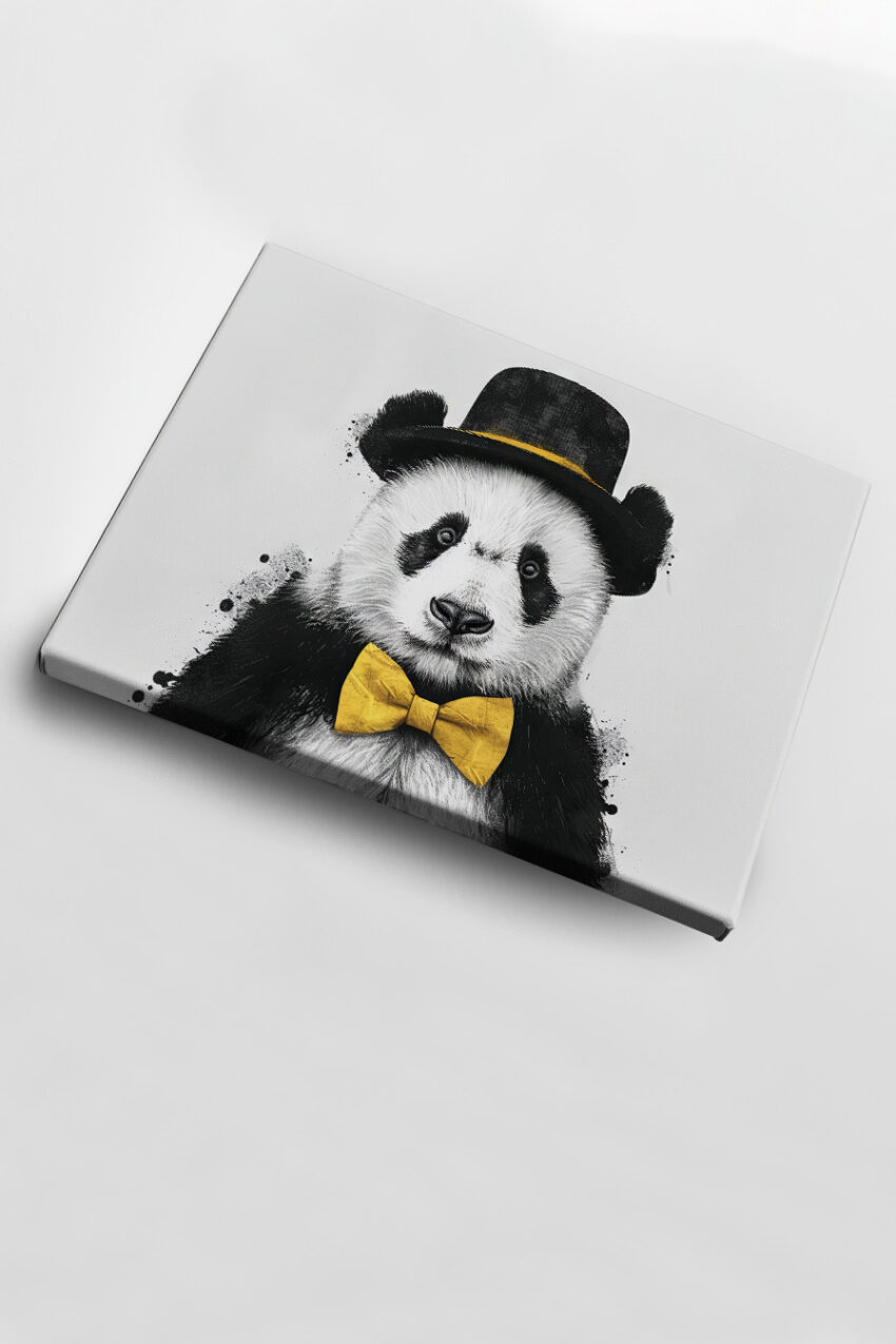Illustration Poster Panda mit Fliege schwarz-weiß gelb
