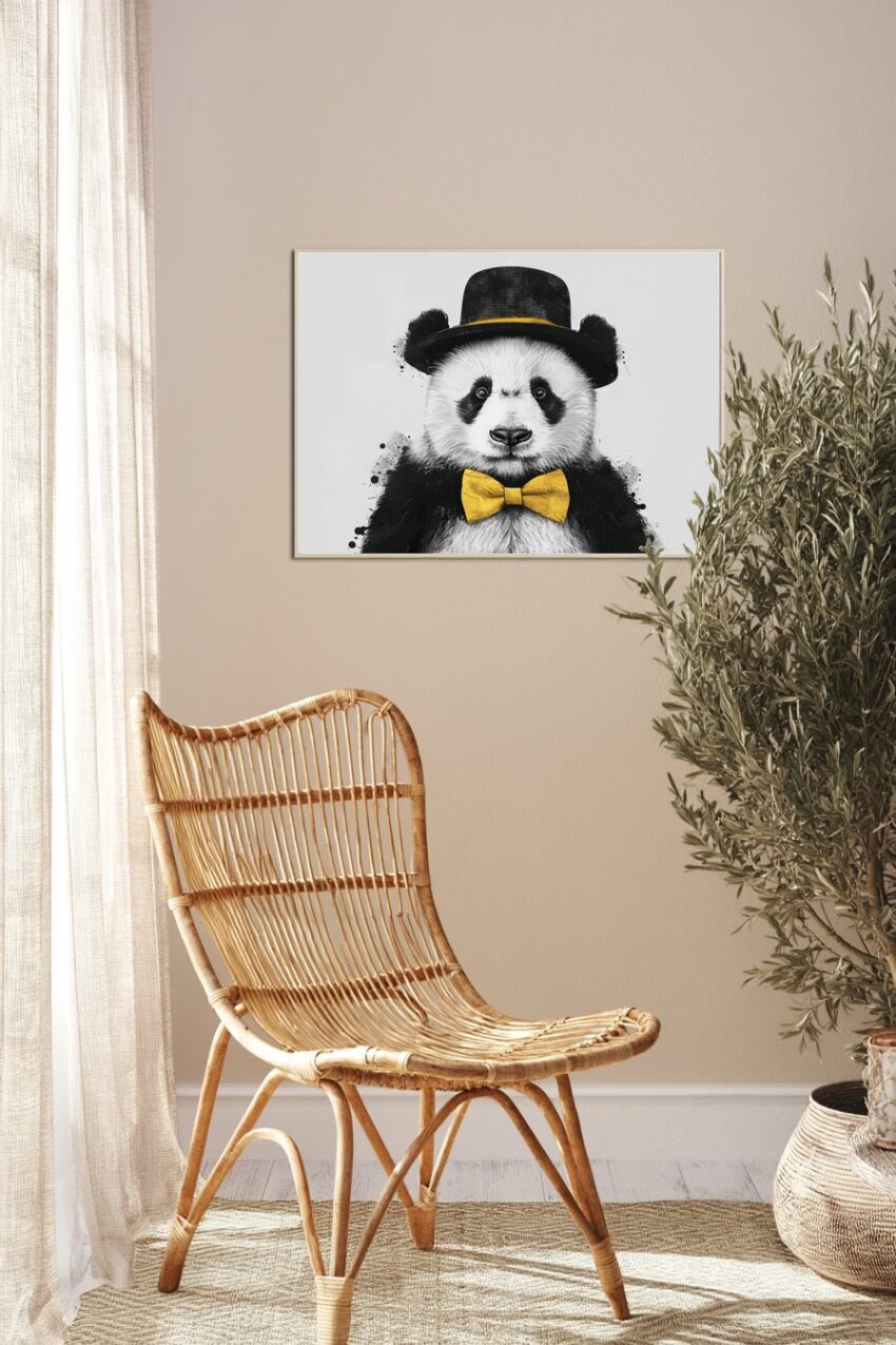 Illustration Poster Panda mit Fliege schwarz-weiß gelb