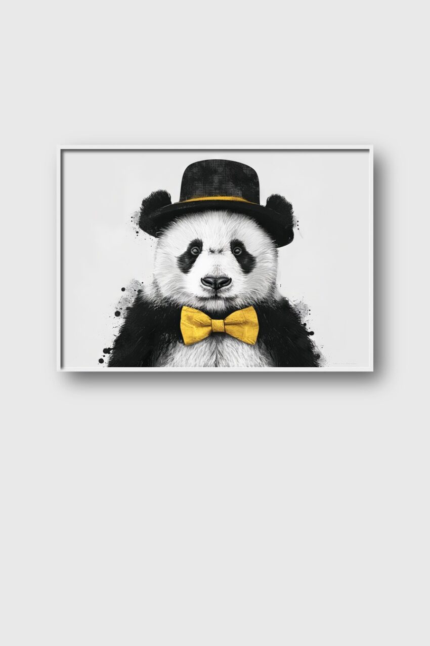 Illustration Poster Panda mit Fliege schwarz-weiß gelb