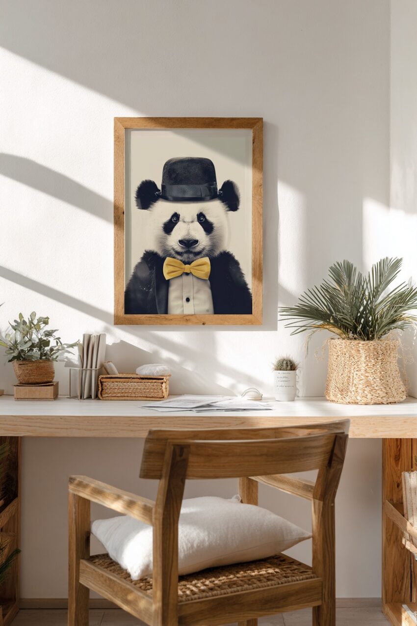 Digital Poster Panda elegant im Anzug gelb schwarz-weiß