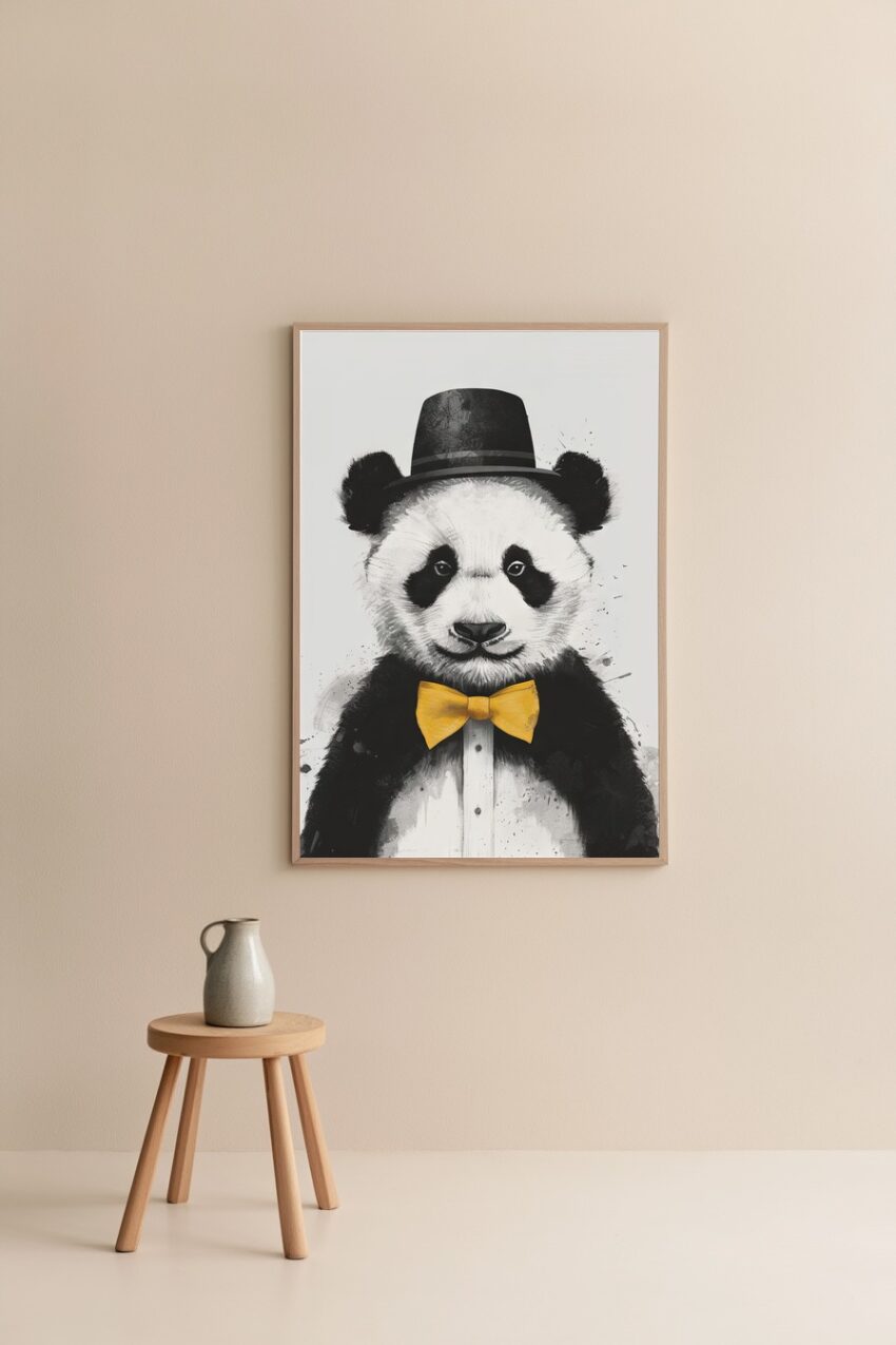 Illustration Poster Panda Gentleman Schwarz-Weiß gelbe Fliege