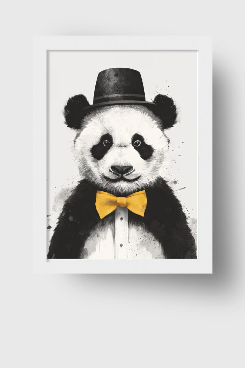 Illustration Poster Panda Gentleman Schwarz-Weiß gelbe Fliege