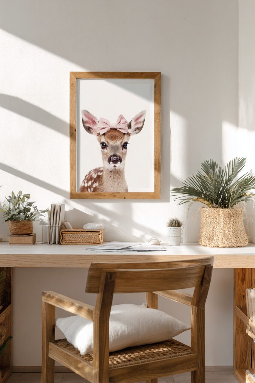 Fotografie Poster Rehkitz Schleife zart braun rosa