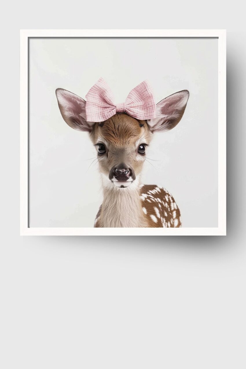 Fotografie Poster Rehkitz rosa Schleife frontal