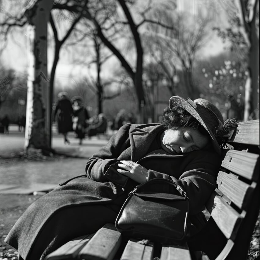 Fotografie Poster Frau schlafend schwarz-weiß draußen Parkbank
