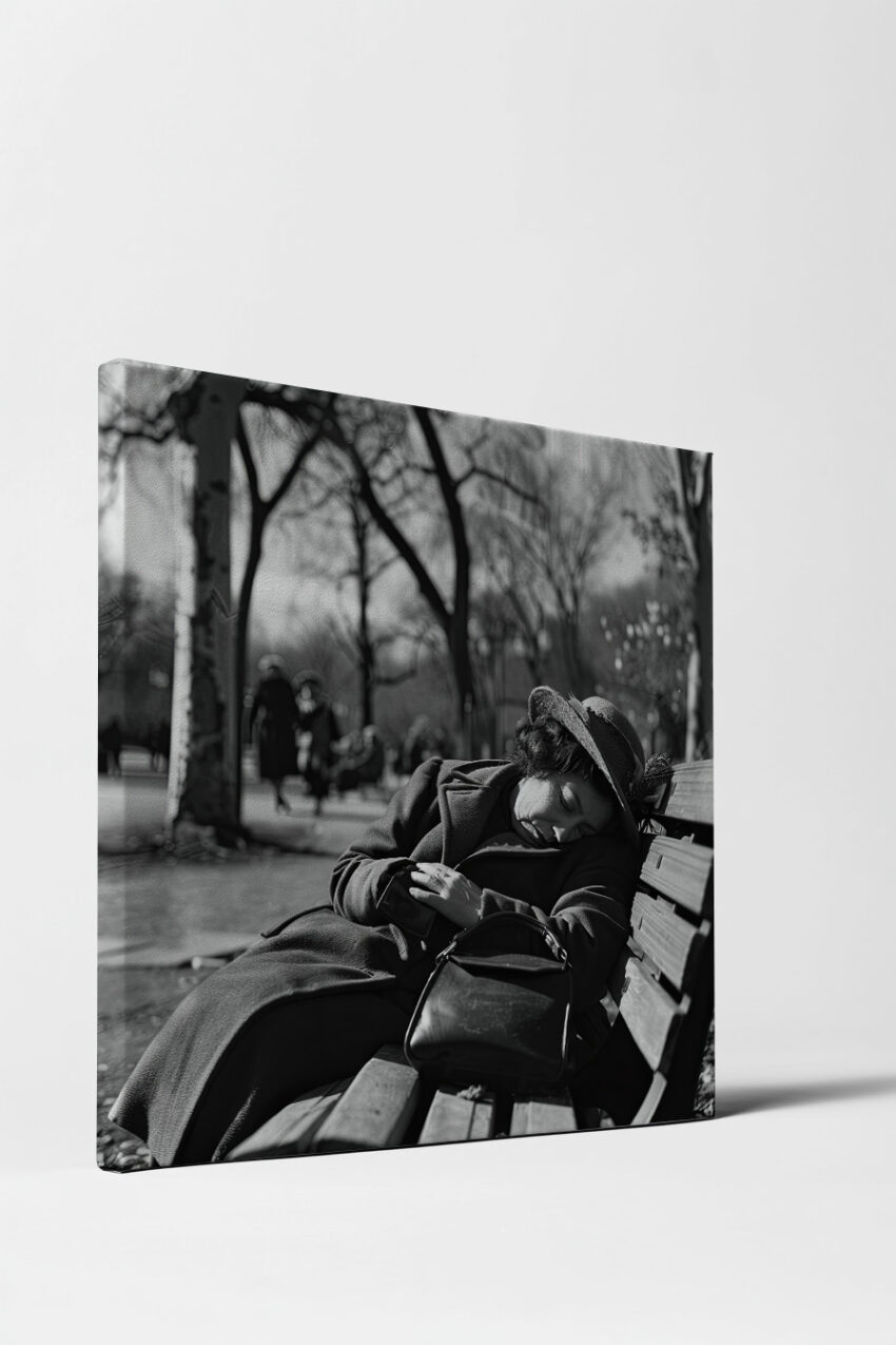 Fotografie Poster Frau schlafend schwarz-weiß draußen Parkbank