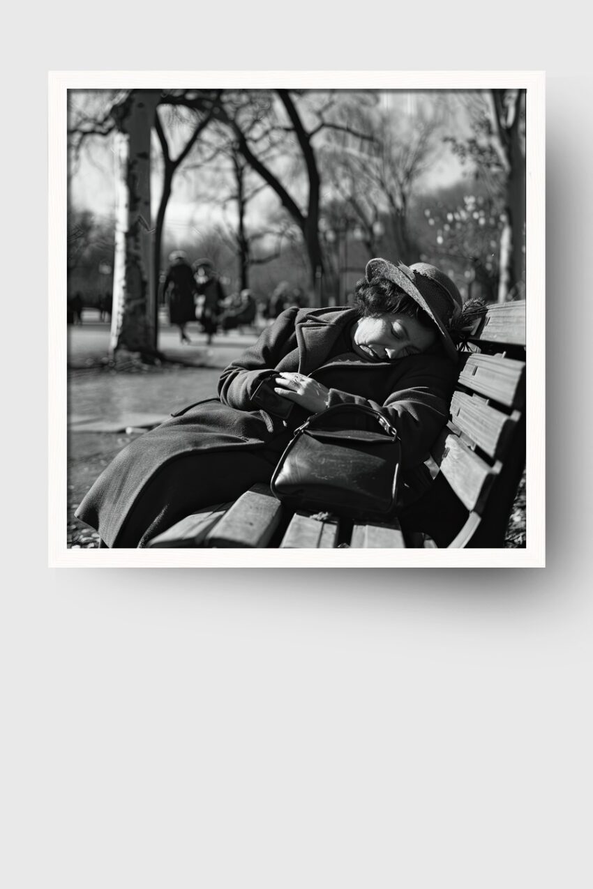 Fotografie Poster Frau schlafend schwarz-weiß draußen Parkbank