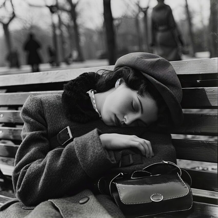 Fotografie Poster Frau schläft Bank schwarz-weiß