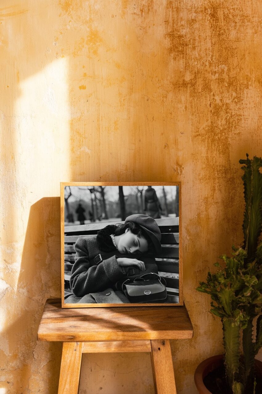 Fotografie Poster Frau schläft Bank schwarz-weiß