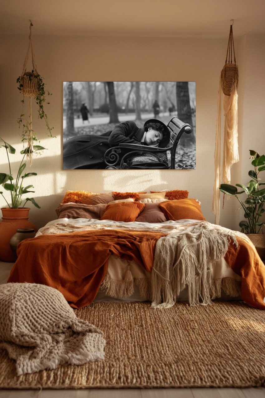 Fotografie Poster Frau ruhend schwarzweiß parkbank ruhend