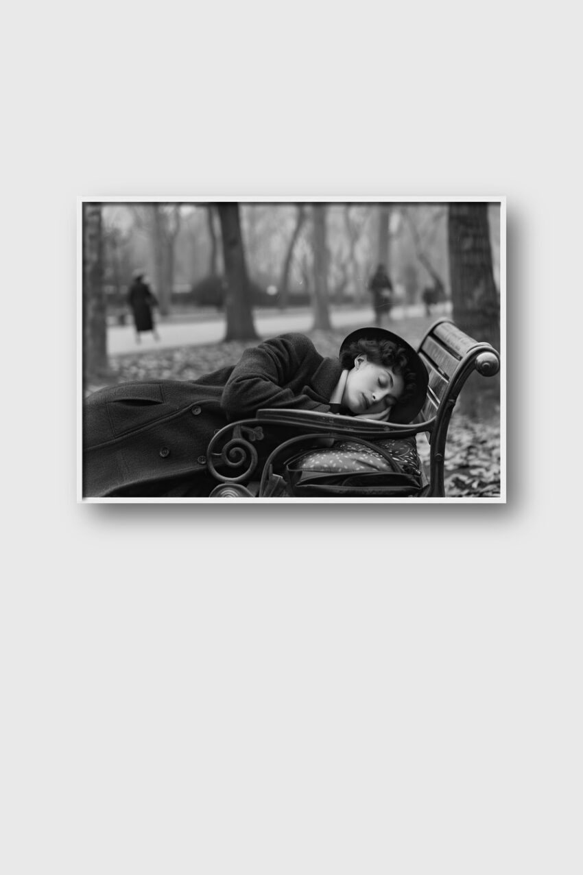 Fotografie Poster Frau ruhend schwarzweiß parkbank ruhend