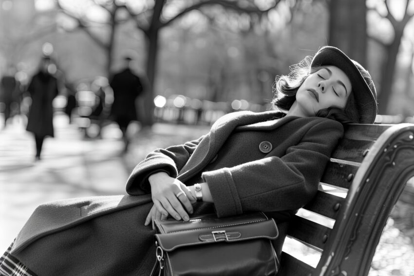 Fotografie Poster Frau Parkbank entspannt schwarz-weiß urban