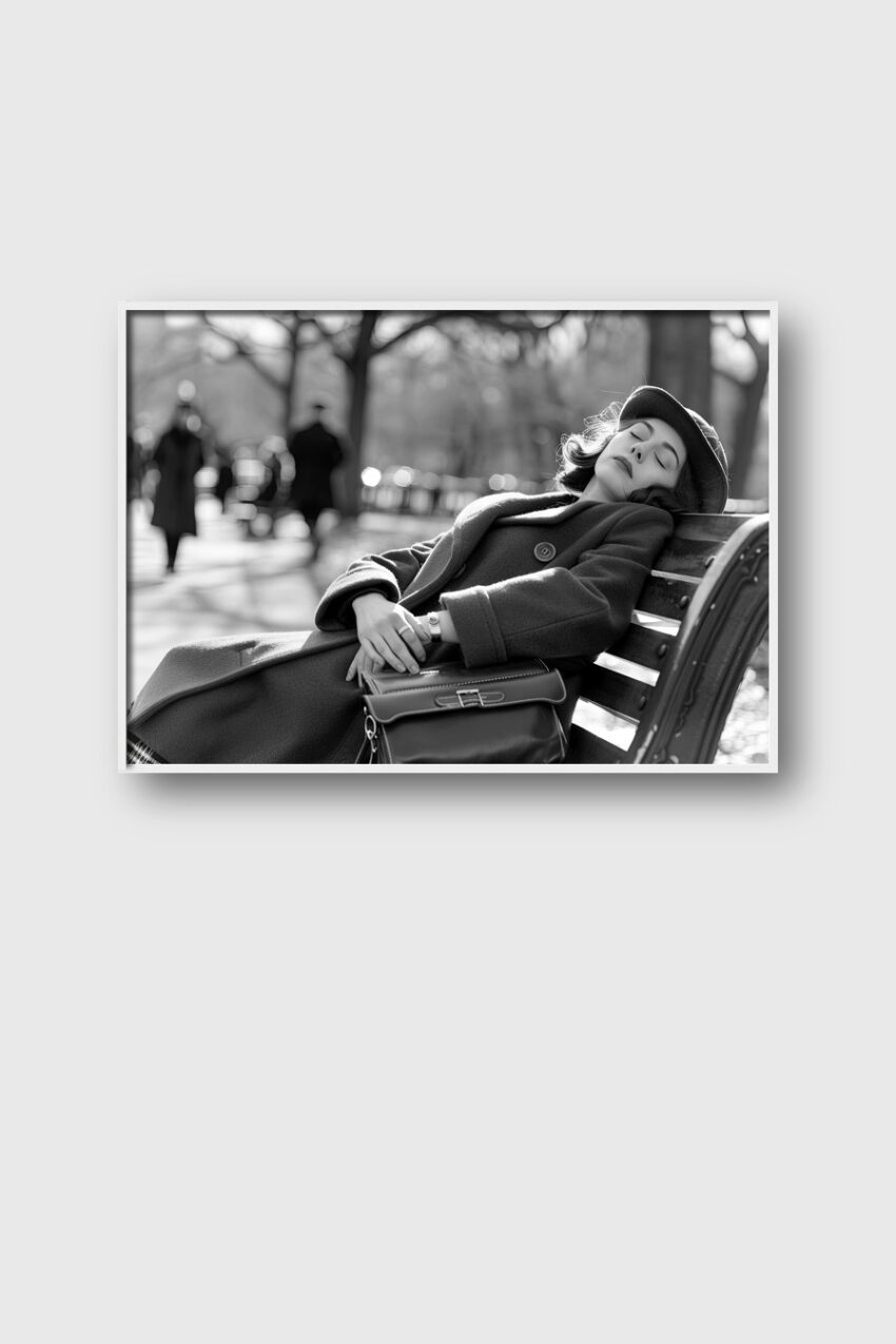 Fotografie Poster Frau Parkbank entspannt schwarz-weiß urban