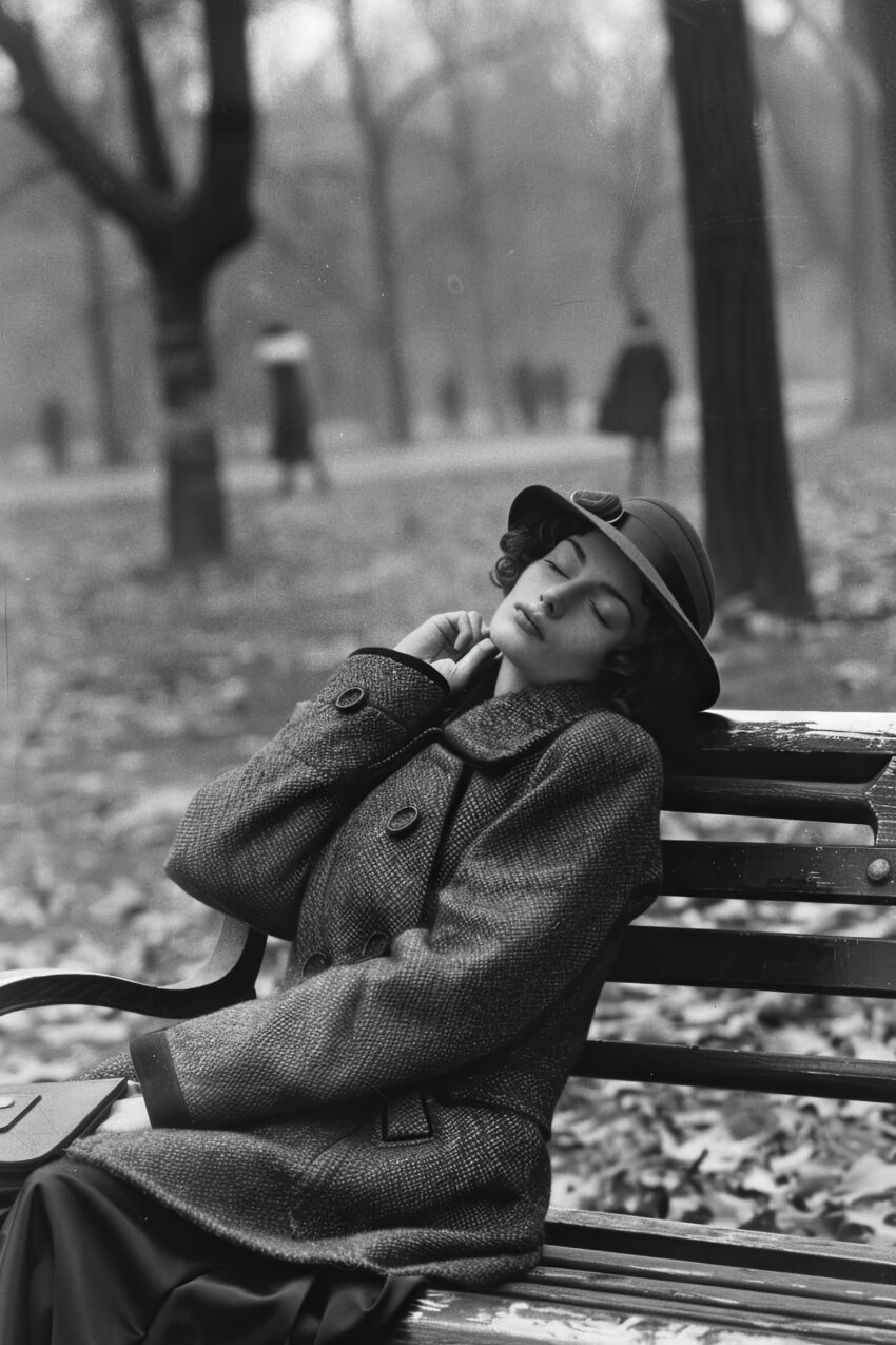 Fotografie Poster Frau Parkbank schwarz-weiß elegant vintage