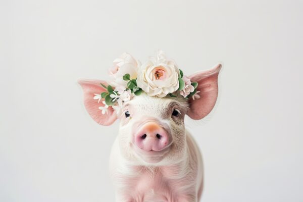 Schwein mit Blumenkranz Leinwandbild