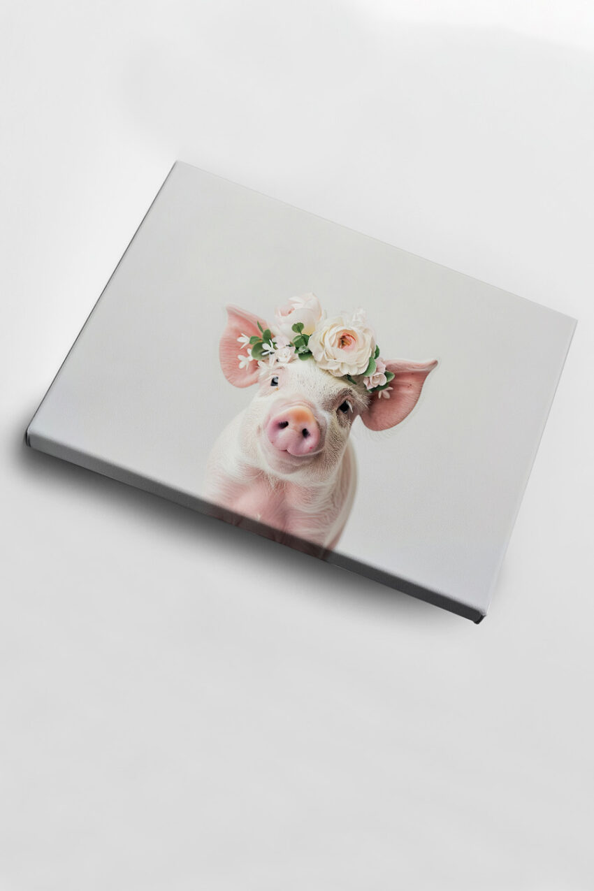 Fotografie Poster Schwein Blumenkranz zart weiß rosa