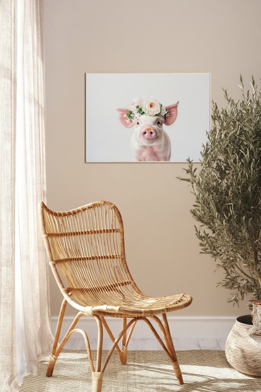 Fotografie Poster Schwein Blumenkranz zart weiß rosa