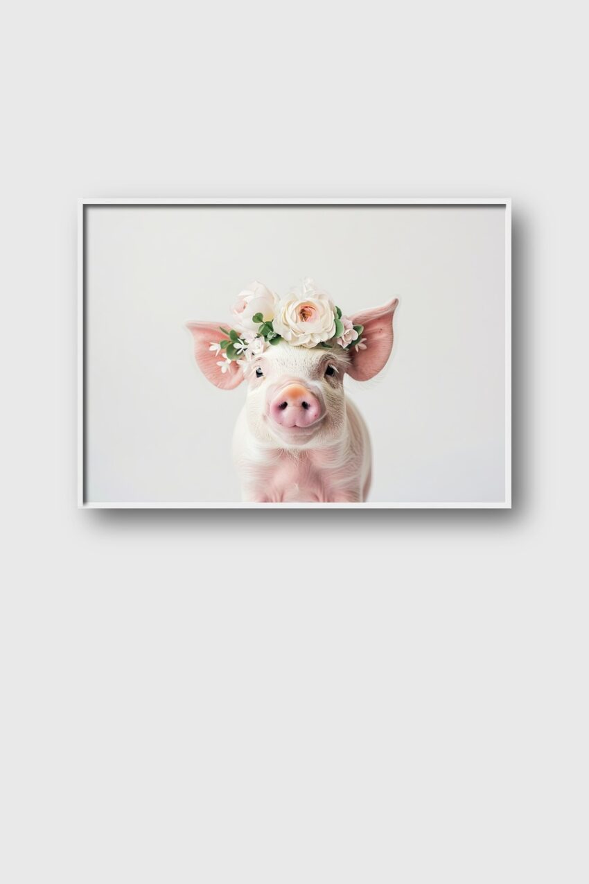 Fotografie Poster Schwein Blumenkranz zart weiß rosa