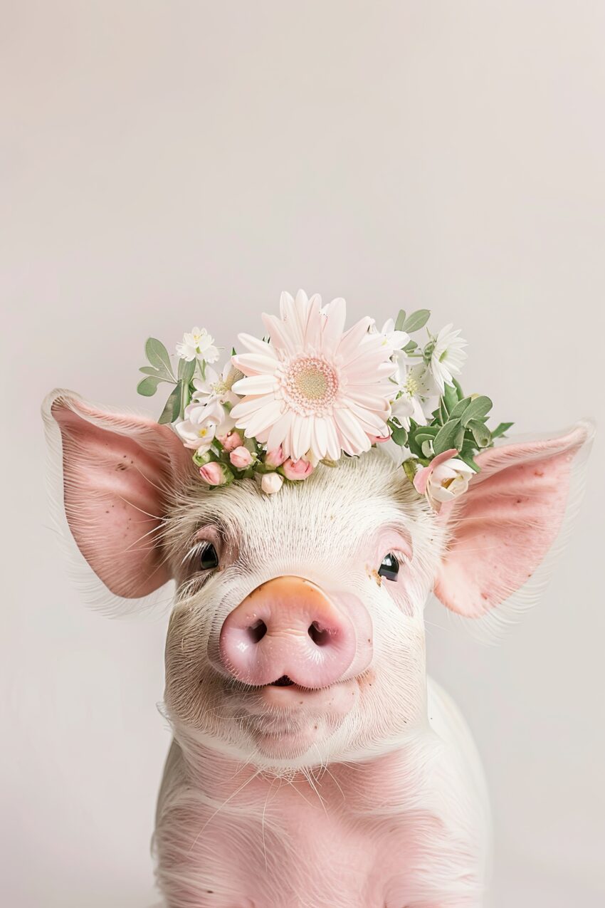Fotografie Poster Schwein mit Blumenkranz nah Aufnahme rosa