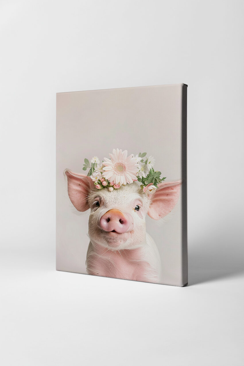 Fotografie Poster Schwein mit Blumenkranz nah Aufnahme rosa
