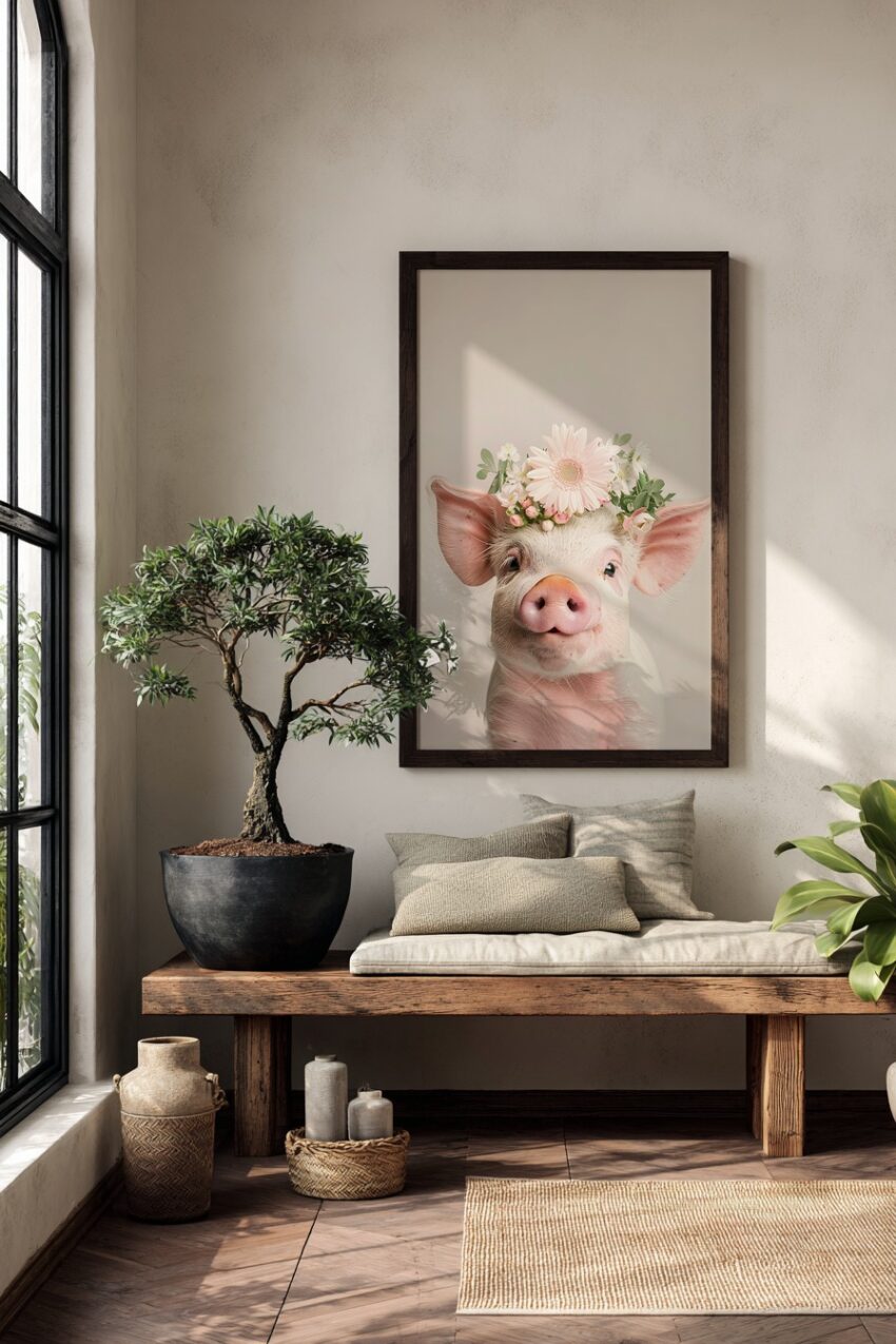 Fotografie Poster Schwein mit Blumenkranz nah Aufnahme rosa