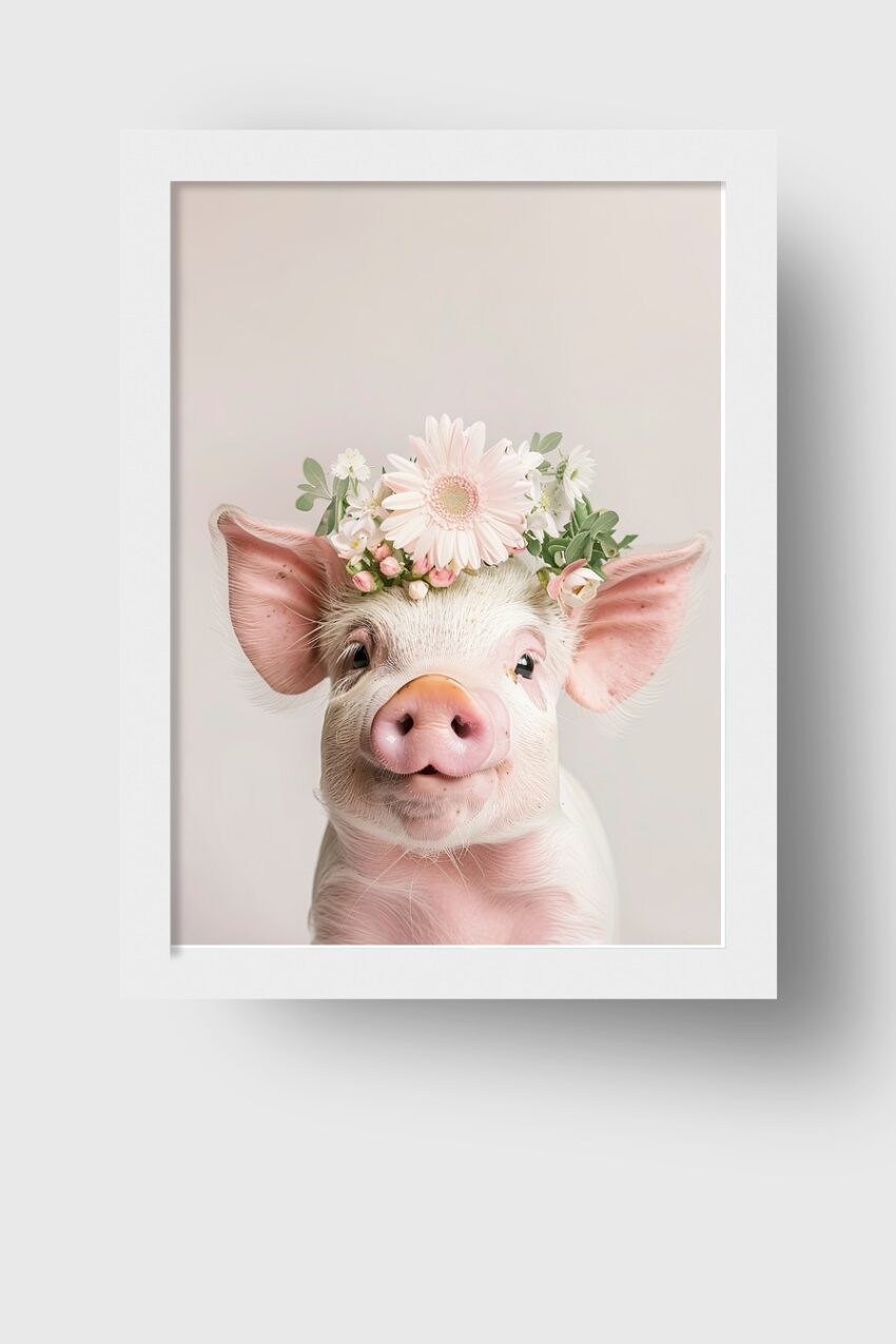 Fotografie Poster Schwein mit Blumenkranz nah Aufnahme rosa