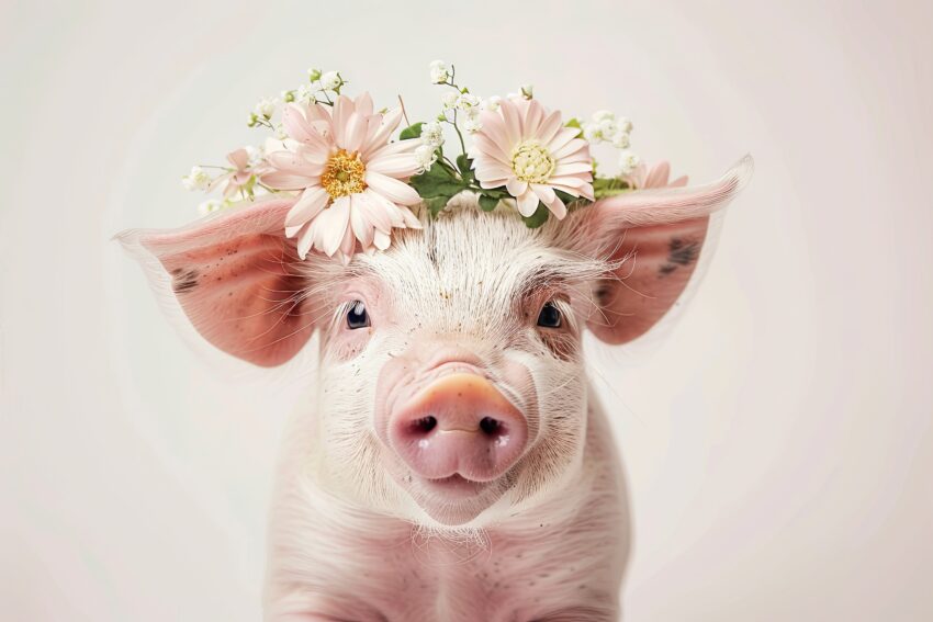 Fotografie Poster Schwein Blumenkranz rosa zart