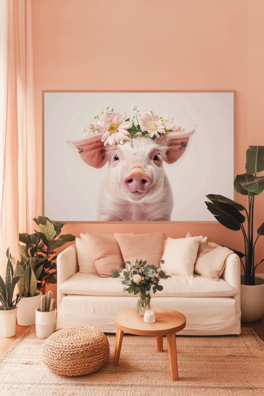 Fotografie Poster Schwein Blumenkranz rosa zart