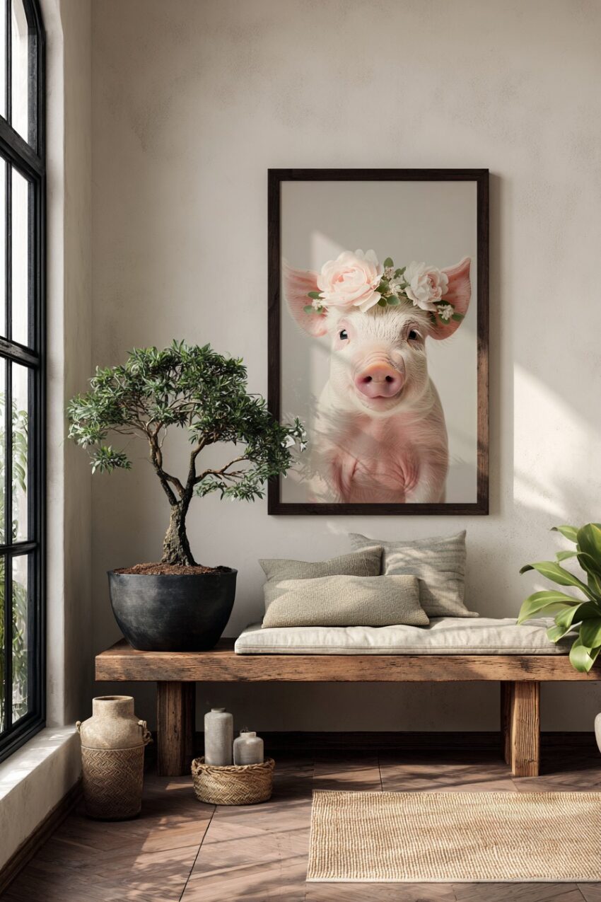 Fotografie Poster Schwein Blumenkranz zart rosa