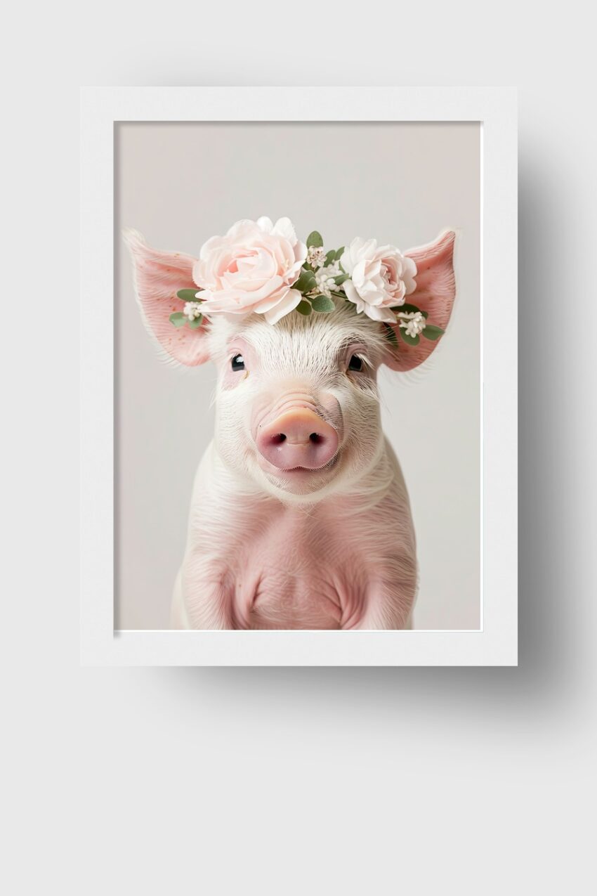Fotografie Poster Schwein Blumenkranz zart rosa