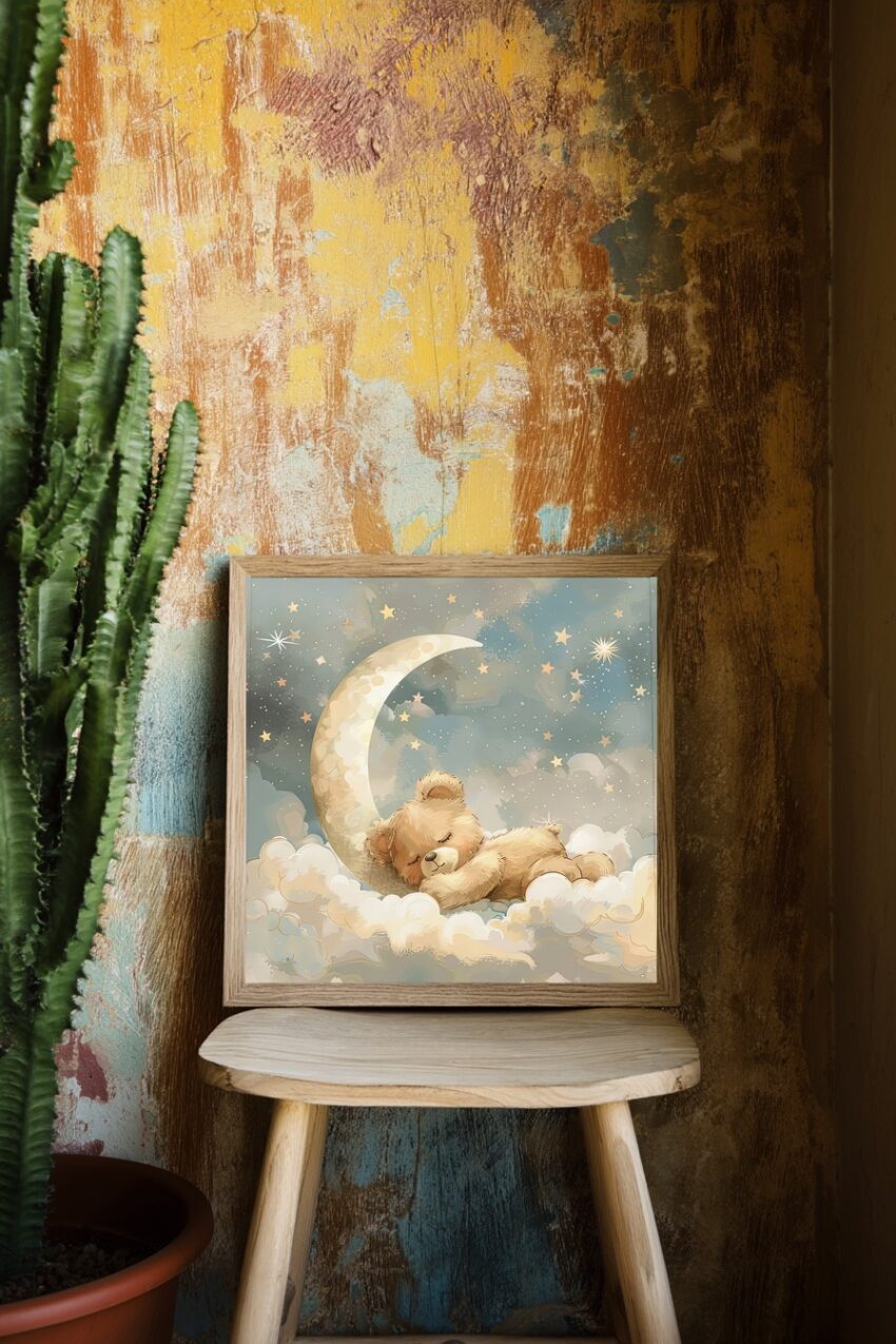 Illustration Poster Bär schlafend Mondnacht Wolken