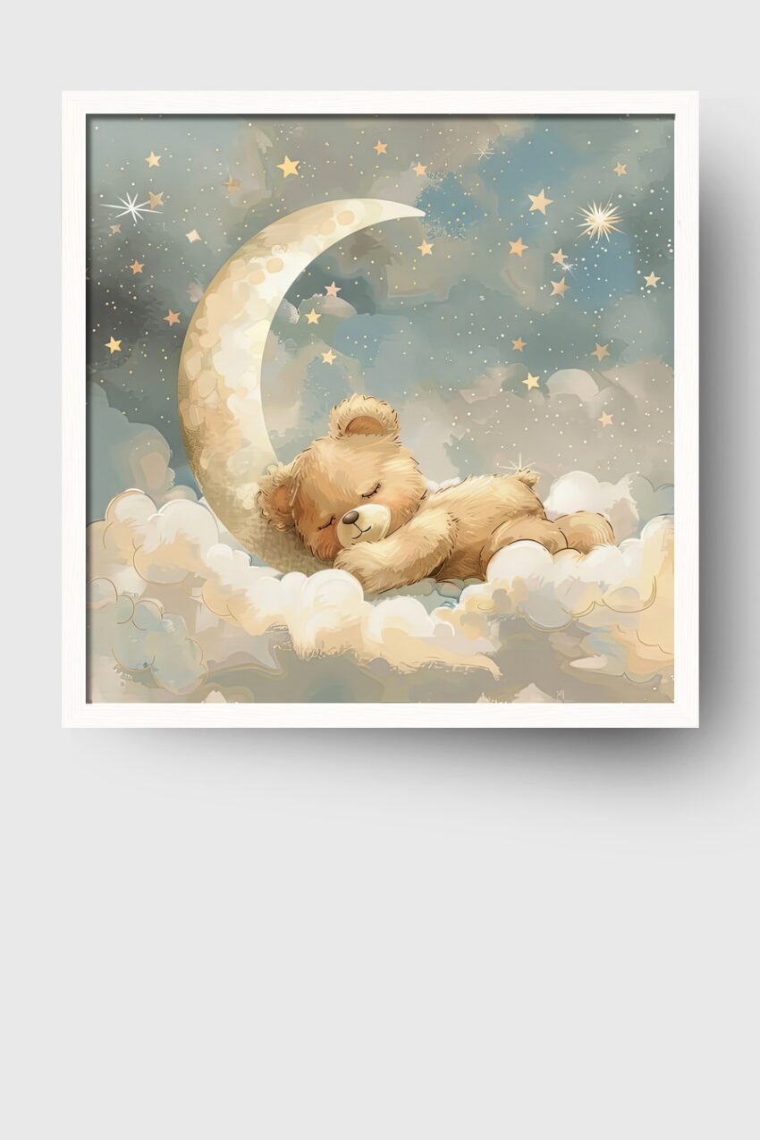 Illustration Poster Bär schlafend Mondnacht Wolken