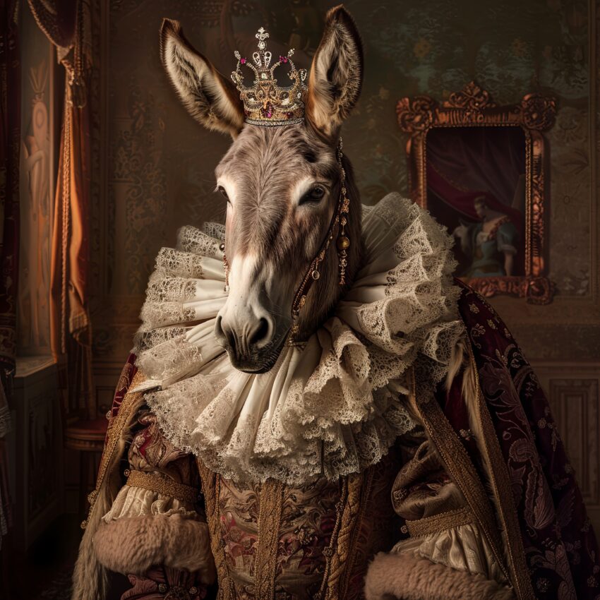 Fotografie Poster Esel könig barock kostüm braun