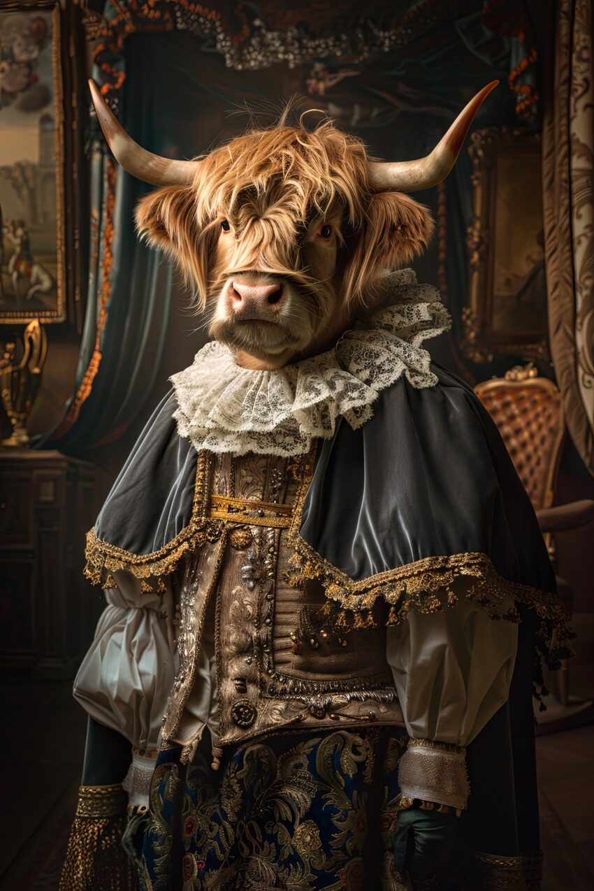 Fotografie Poster Hochlandrind barock Fell Spitzenkragen