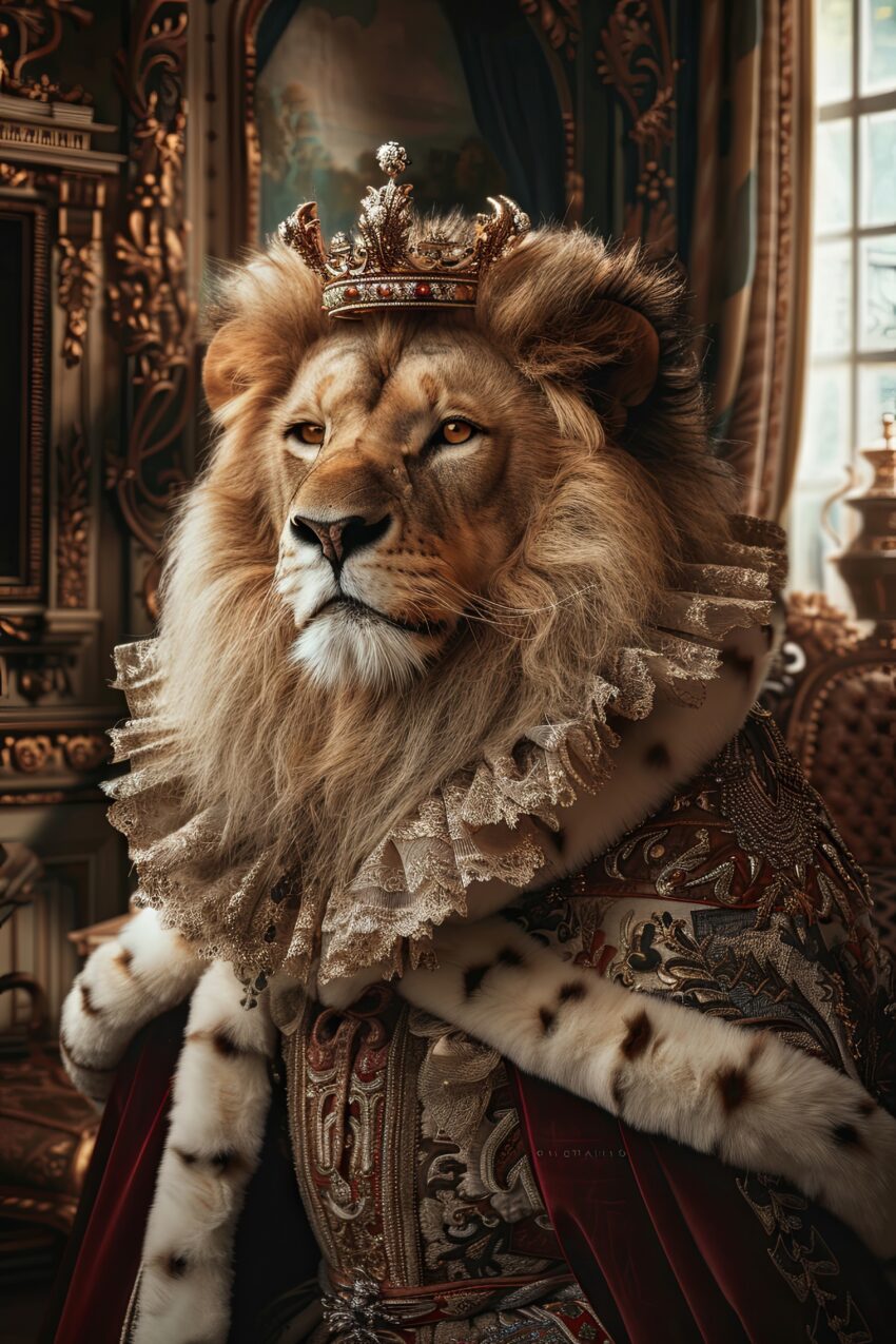 Fotografie Poster Löwe mit Krone majestätisch warm