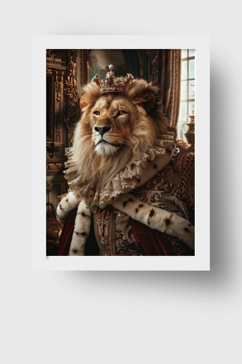 Fotografie Poster Löwe mit Krone majestätisch warm