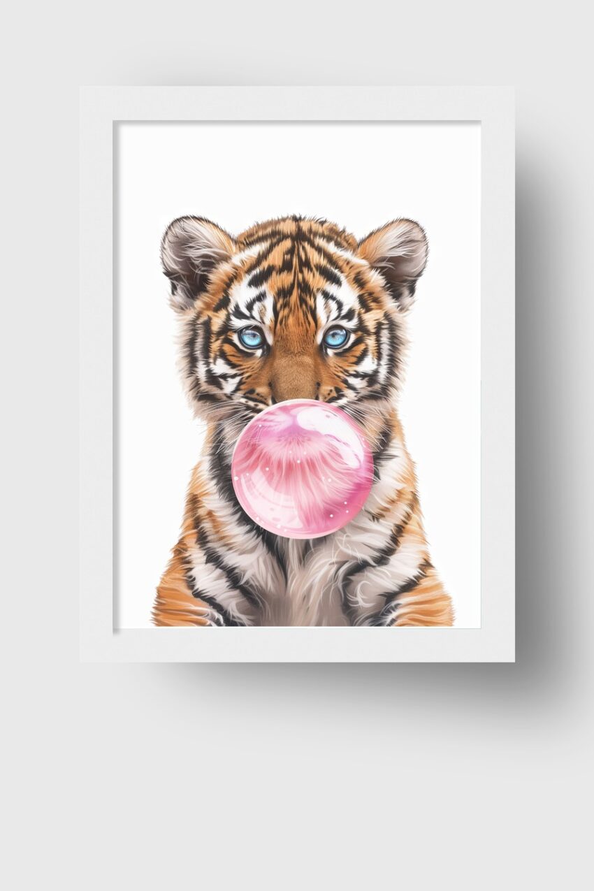 Illustration Poster Tigerjunges blauäugig mit rosa Kaugummi Blase