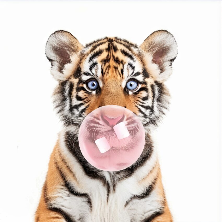 Fotografie Poster Tigerjunges rosa Blase blau