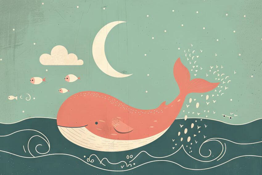 Illustration Poster Wal Fische Meer Nacht minimalistisch blau rot