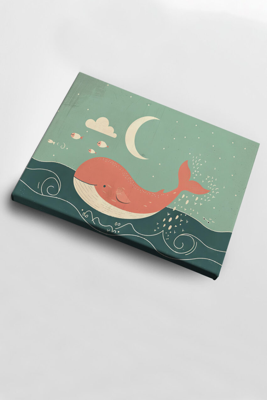 Illustration Poster Wal Fische Meer Nacht minimalistisch blau rot