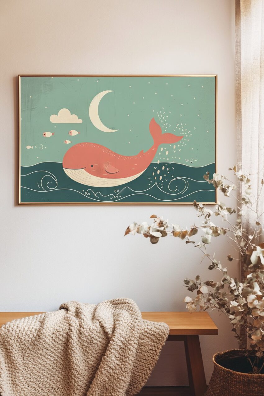 Illustration Poster Wal Fische Meer Nacht minimalistisch blau rot
