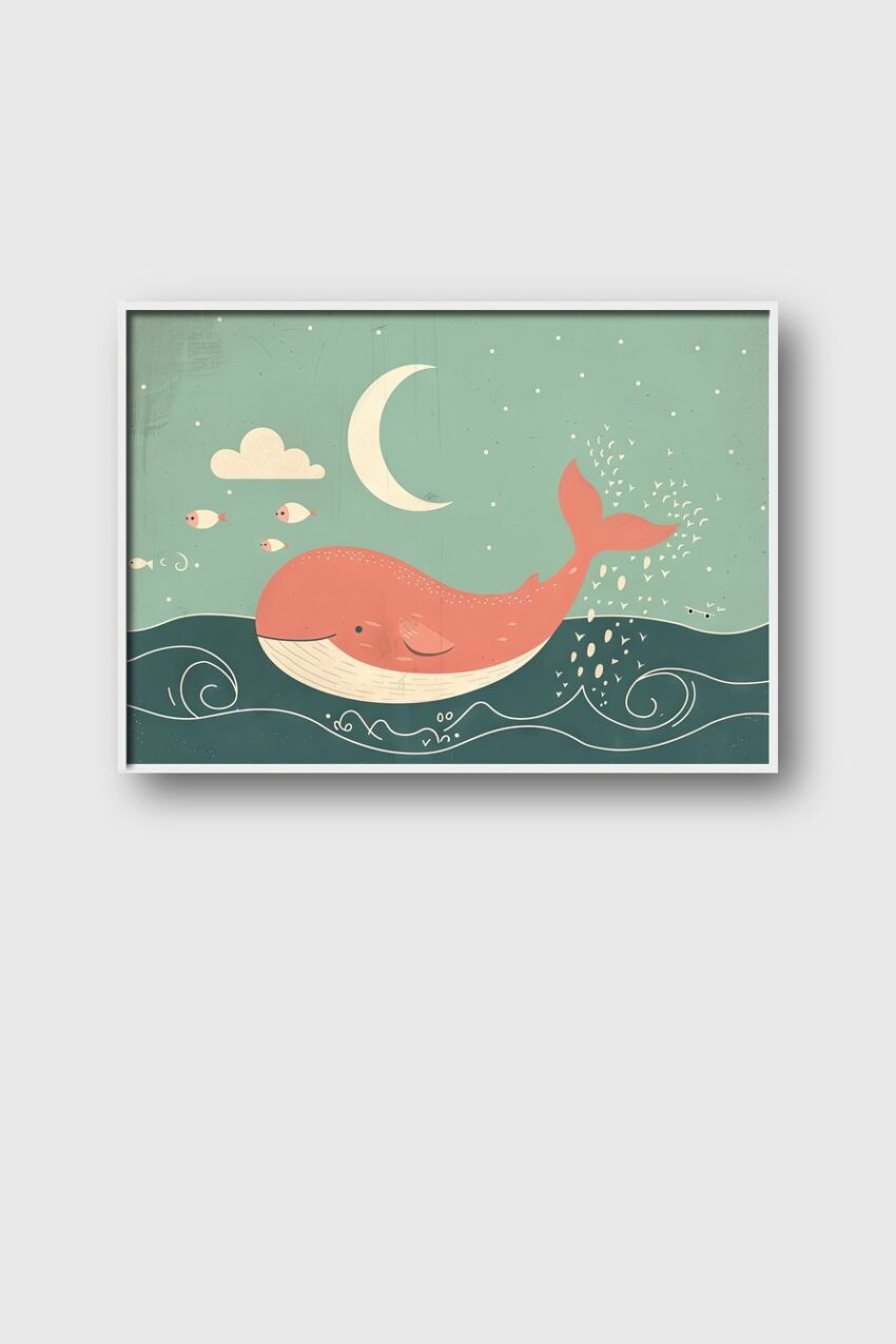 Illustration Poster Wal Fische Meer Nacht minimalistisch blau rot