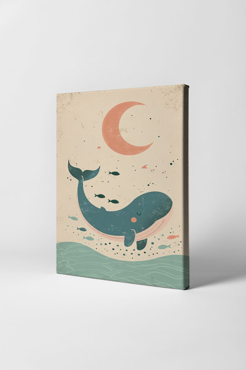 Illustration Poster Wal Fische Mond minimalistisch blau rosa