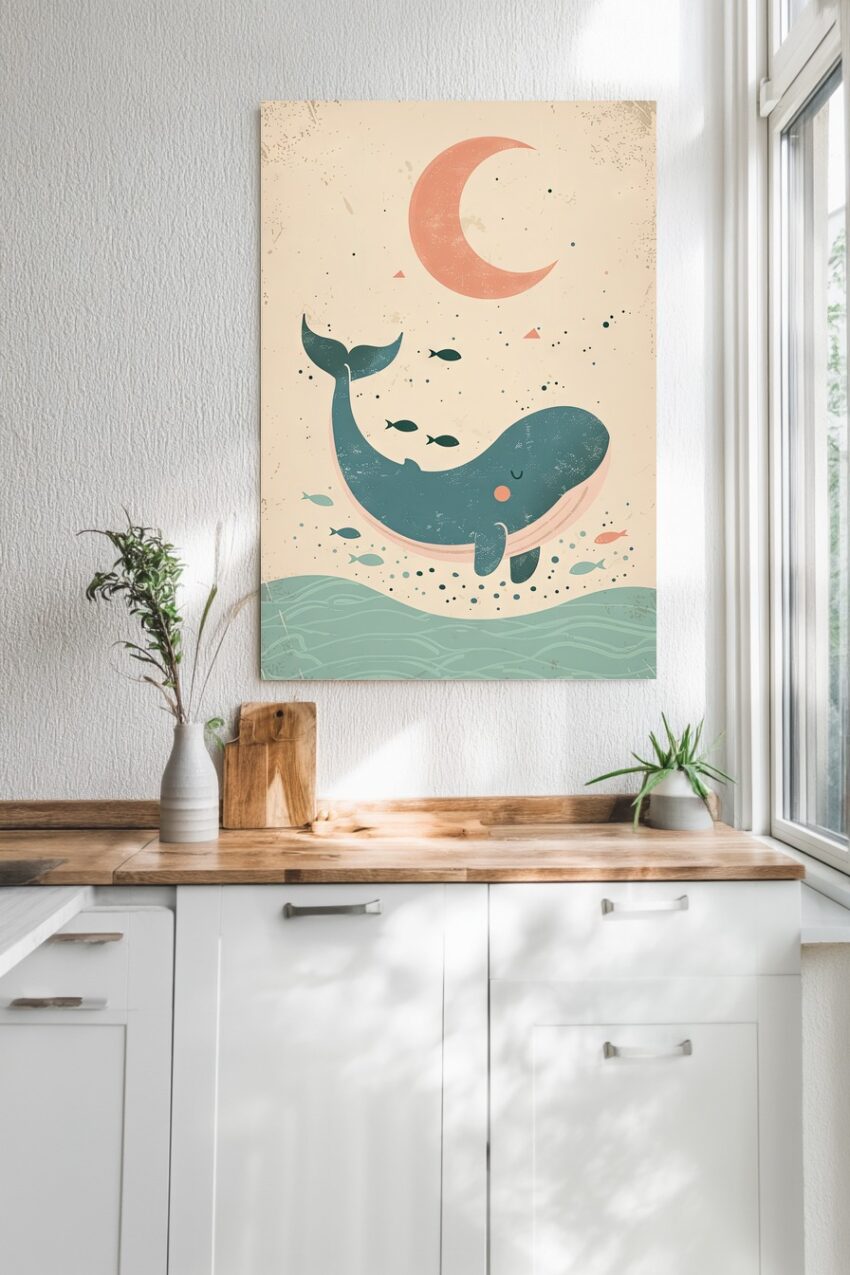 Illustration Poster Wal Fische Mond minimalistisch blau rosa