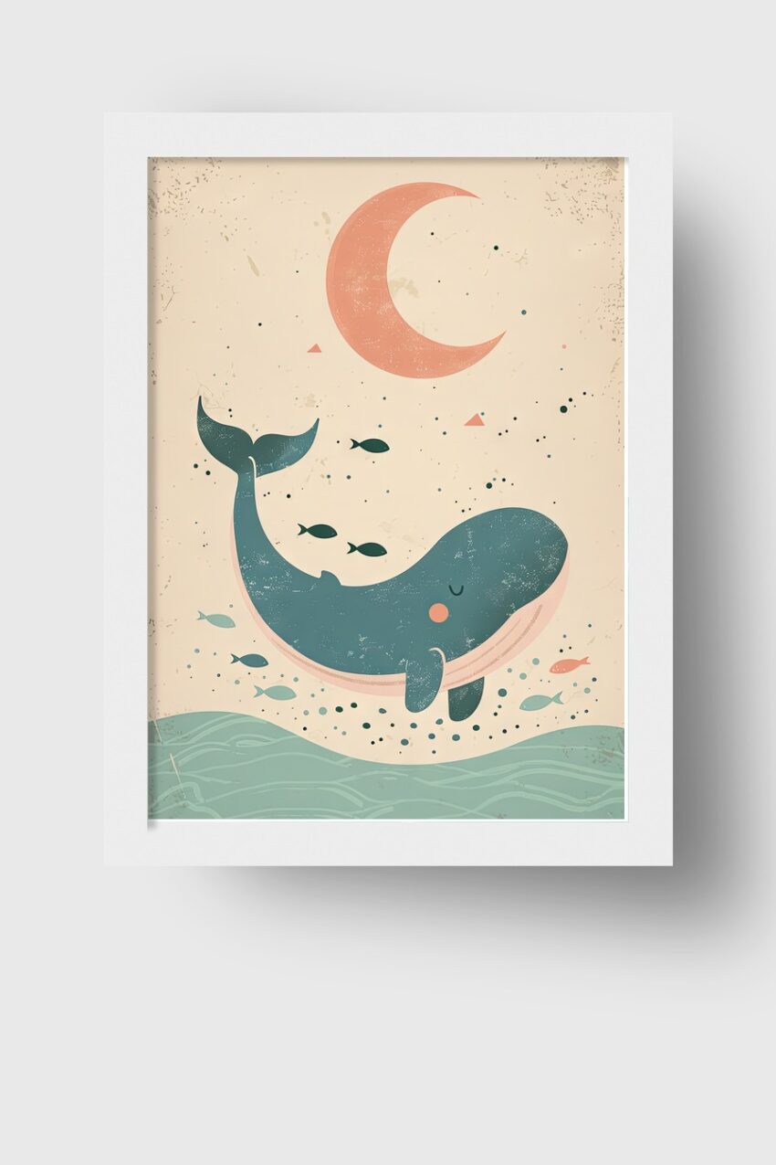 Illustration Poster Wal Fische Mond minimalistisch blau rosa